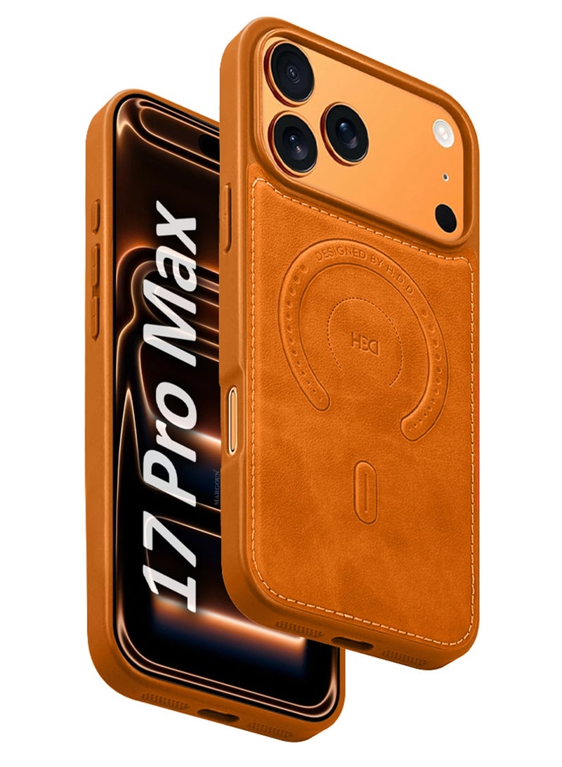 HDD Premium Leather Case Compatible with iPhone 17 Pro Max, Slim MagSafe Shockproof Protective Cover with Metallic Camera Ring & Tactile Buttons – Cosmic Orange - Image 1