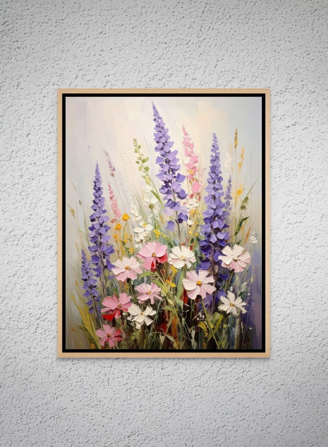 Art Decor Framed Canvas Portrait Print of Purple Lupine and Pink Wildflowers, Abstract Floral Botanical Art, Modern Wall Décor for Living Room Bedroom Office. - Image 1