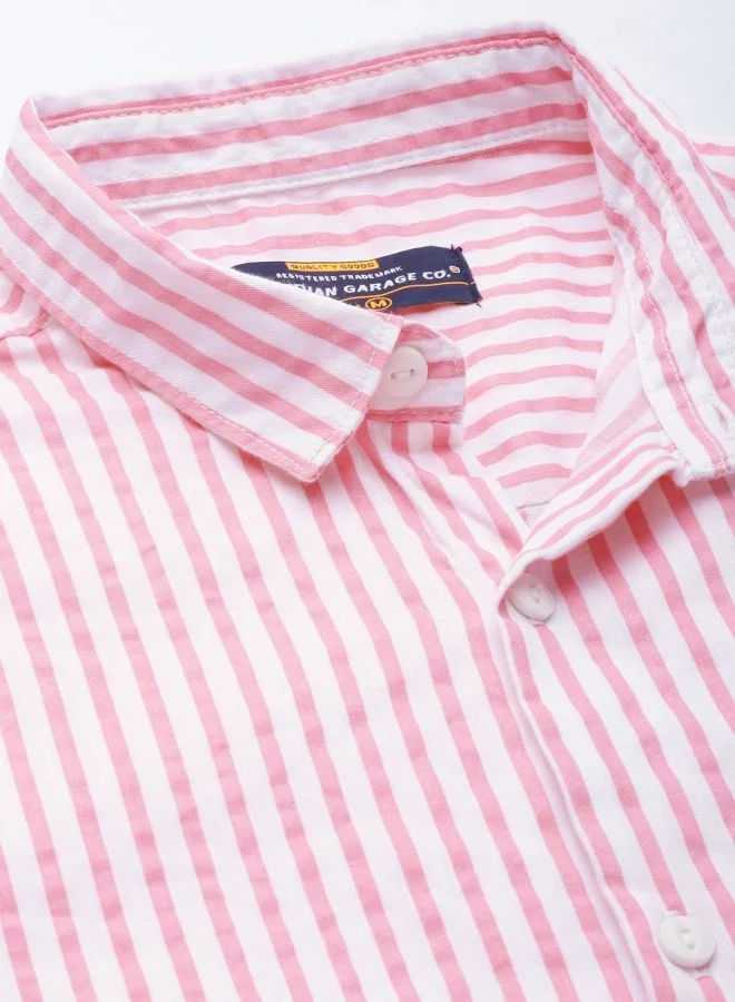 The Indian Garage Co Men Slim Fit Striped Half Sleeves Spread Collar Casual Shirt
