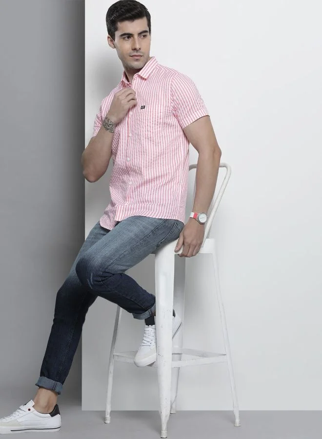 The Indian Garage Co Men Slim Fit Striped Half Sleeves Spread Collar Casual Shirt