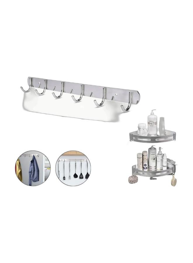 Stainless Steel Hooks Wall Mount Coat Hook Towel Coat Hat Door Hanger Rack silver 2 Pieces & 2 Pieces Wall-Mounted Bathroom Shelf No Drilling with StickersBundle - Image 1