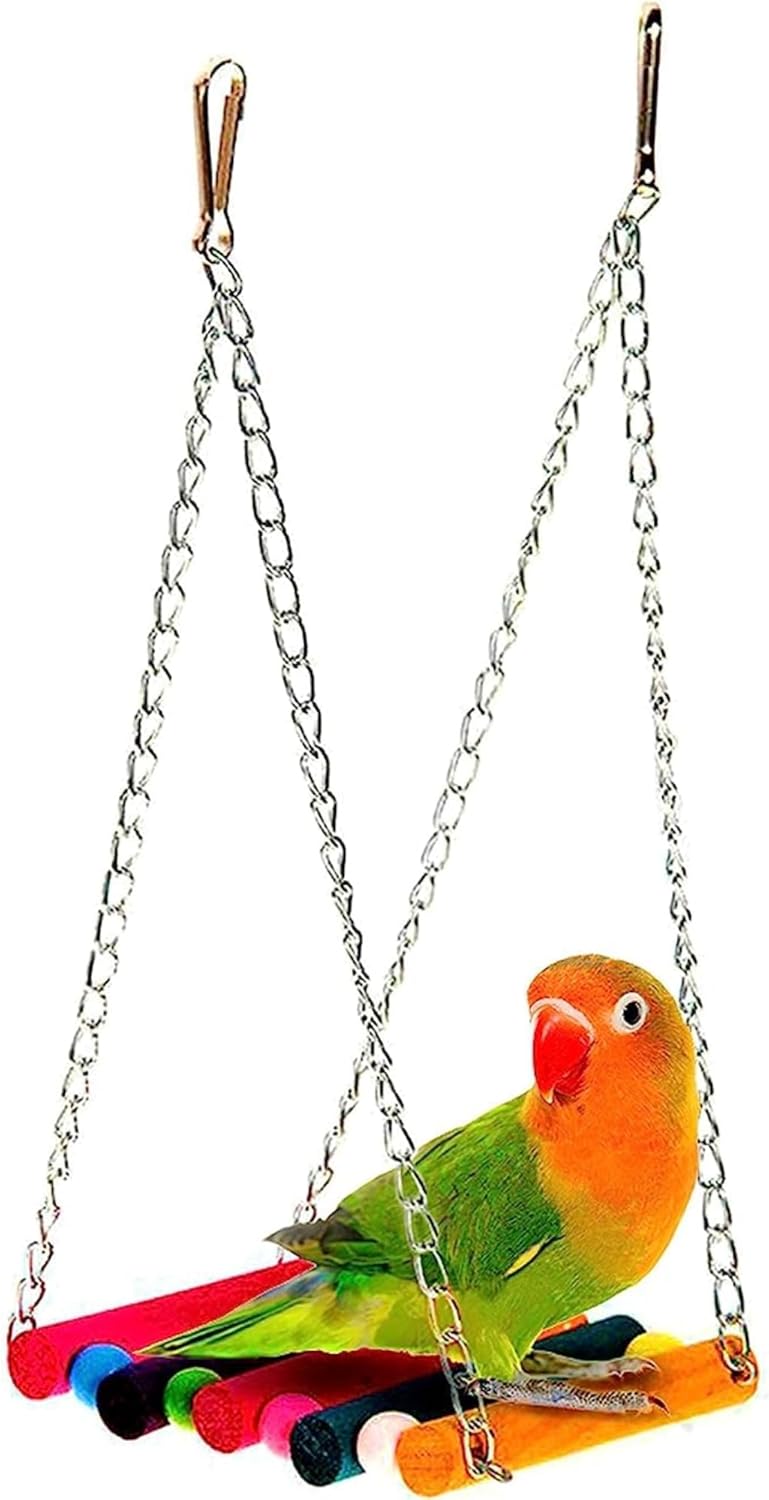 SunGrow Parrot Cage Hammock Swing, 7.8 Inches, Colorful Wooden Swing with Metal Chain and Clasp, 1 Pack - Image 1