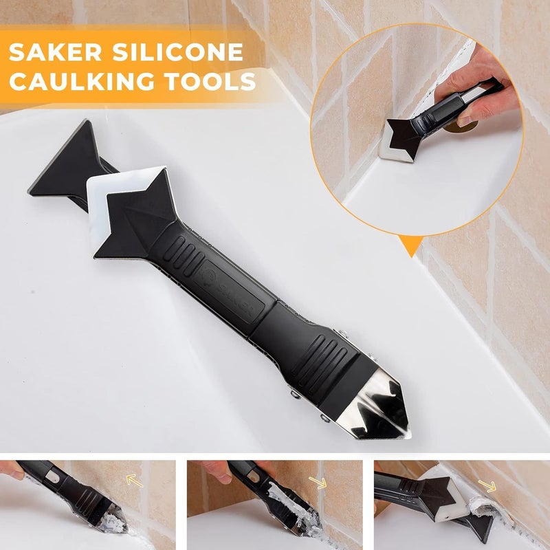 Black 3 in 1 Caulking Tool Sealant Finishing Grout Removal Scraper for Bathroom Kitchen Floor Window - Image 1