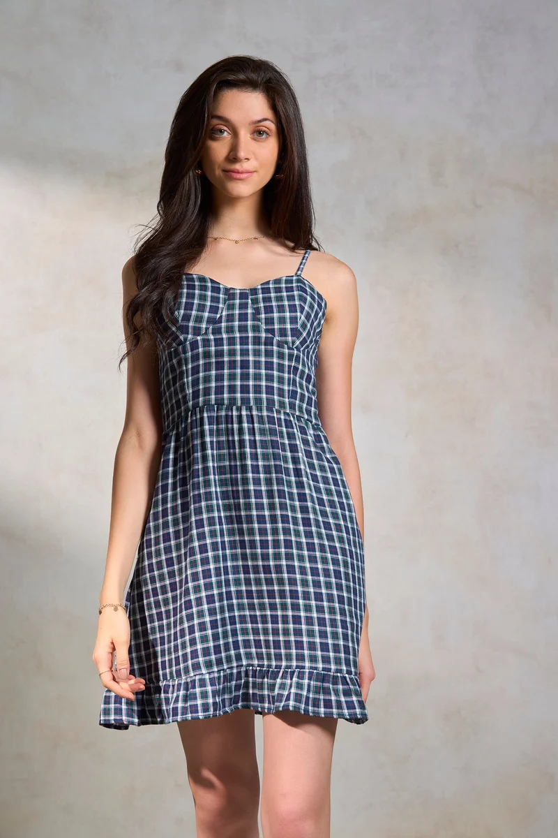 فيرجيو Checks Cotton Corset Detail Mini Dress for Women