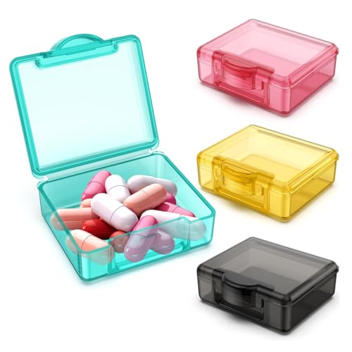 HANNEA® 4Pcs Pill Box Portable Pill Box 1.7 Inches Color Square Transparent Pill Box Food Grade PP Travel Pill Box Pill Case Medicine Pill Box for Supplyments, Capsules, Tablets, Fish Oil, Vitamin - Image 1