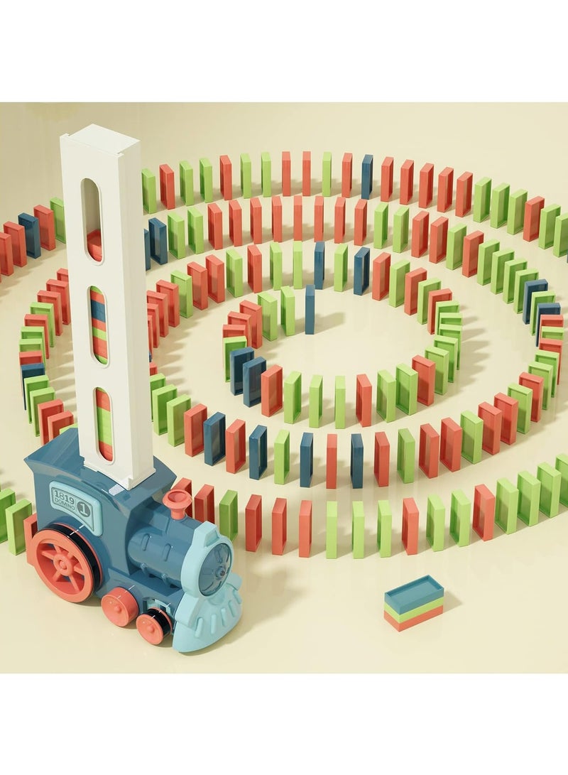 Hihonor Kids Games Domino Train Toys: 120PCS Automatic Stacking Creative Game 3+ Year Old - Stem Montessori Toy for Boys 4-6 - Summer Autistic Birthday Gifts 5 6 Toddler Girls Ages 4-8, Blue - Image 1