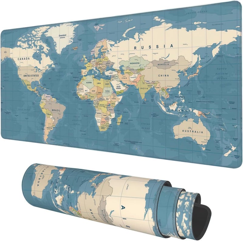 Desk Mat, Blue Vintage World Map Extended Gaming Mouse Pad Large, 31.5"x11.8" Big Mouse Pad with Non-Slip Base and Stitched Edge, Long Computer Keyboard Mouse Mat for Home Office Work - Image 1