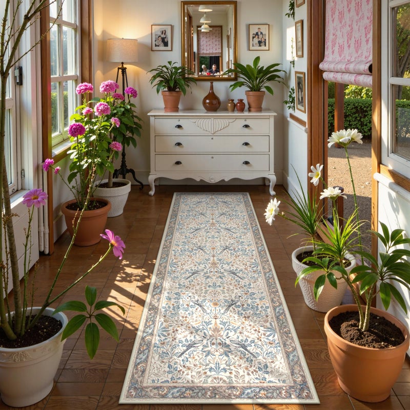 Beeiva Boho Washable Runner Rug for Hallway 2x6 - Non Slip Soft Bedroom Runner, Vintage Botanical Kitchen Decor Bird Low Pile Print Rug for Entryway Laundry Room Bathroom (Beige) - Image 1