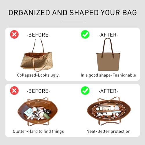 OAikor Purse Organizer Insert for Coach City Tote 33, Lightweight Dupont Paper Tote Bag Organizer Storage Dividers with Keychain, 9 Pockets Bag Insert with Cup Holder Zippered Section,White-Brown - Image 3
