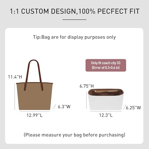 OAikor Purse Organizer Insert for Coach City Tote 33, Lightweight Dupont Paper Tote Bag Organizer Storage Dividers with Keychain, 9 Pockets Bag Insert with Cup Holder Zippered Section,White-Brown - Image 2