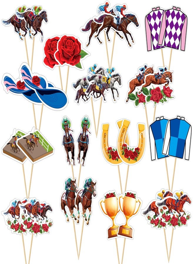 QZYL 30 PCS Derby Cupcake Toppers, 15 Style Derby Decorations, Run for the Roses Horseshoe Design Horse Cupcake Toppers Horses Toothpicks, Horse Racing Theme Decor - Image 1