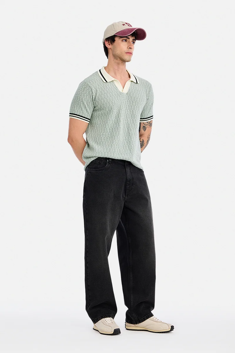 SNITCH Sage Green Textured Half Sleeve Regular Fit Casual T-Shirt