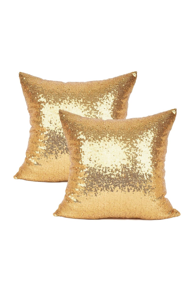 عام "طقم من كفرتي وسائد فاخرة جديدتين مقاس 18×18 بوصة - بتصميم فاخر مع لمسات من بريق الذهب والترتر، من الساتان المريح، غطاء وسادة زفاف أنيق." - Image 1