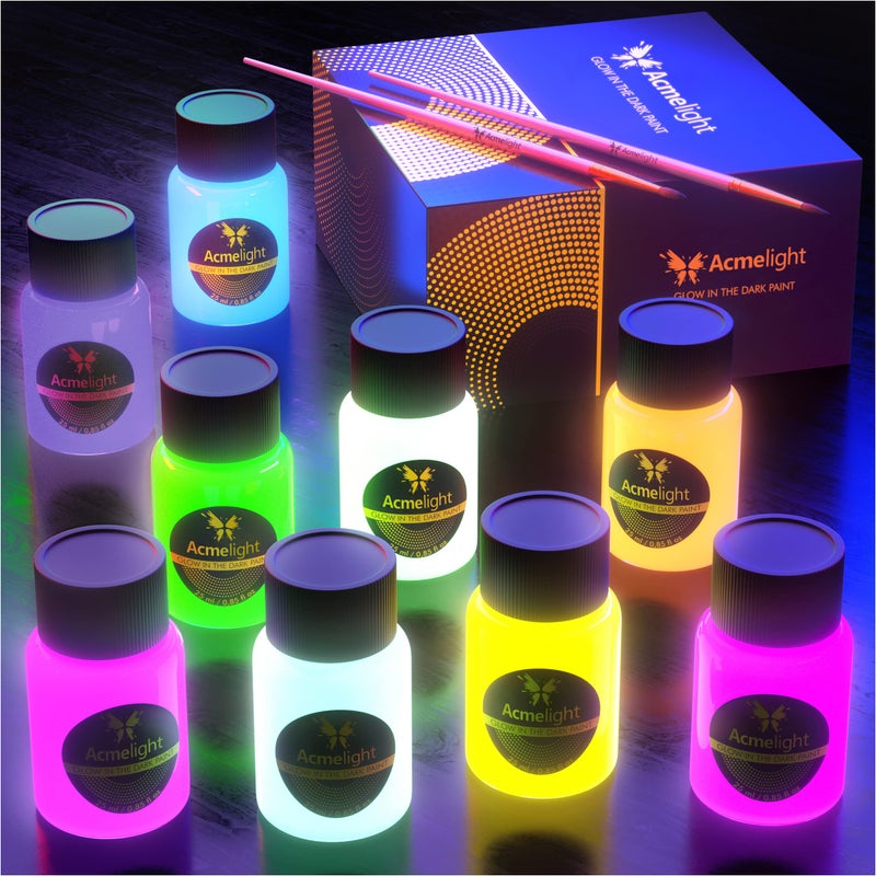 Acmelight Glow in the Dark Acrylic Paint Set - 9 Neon Fluorescent Colors for Canvas, Wood & Stone - Blacklight Reactive - Cool Art Supplies Gift for Artists, Adults & Kids - Image 1