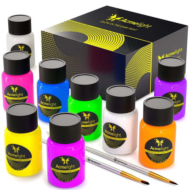 Acmelight Glow in the Dark Acrylic Paint Set - 9 Neon Fluorescent Colors for Canvas, Wood & Stone - Blacklight Reactive - Cool Art Supplies Gift for Artists, Adults & Kids - Image 2