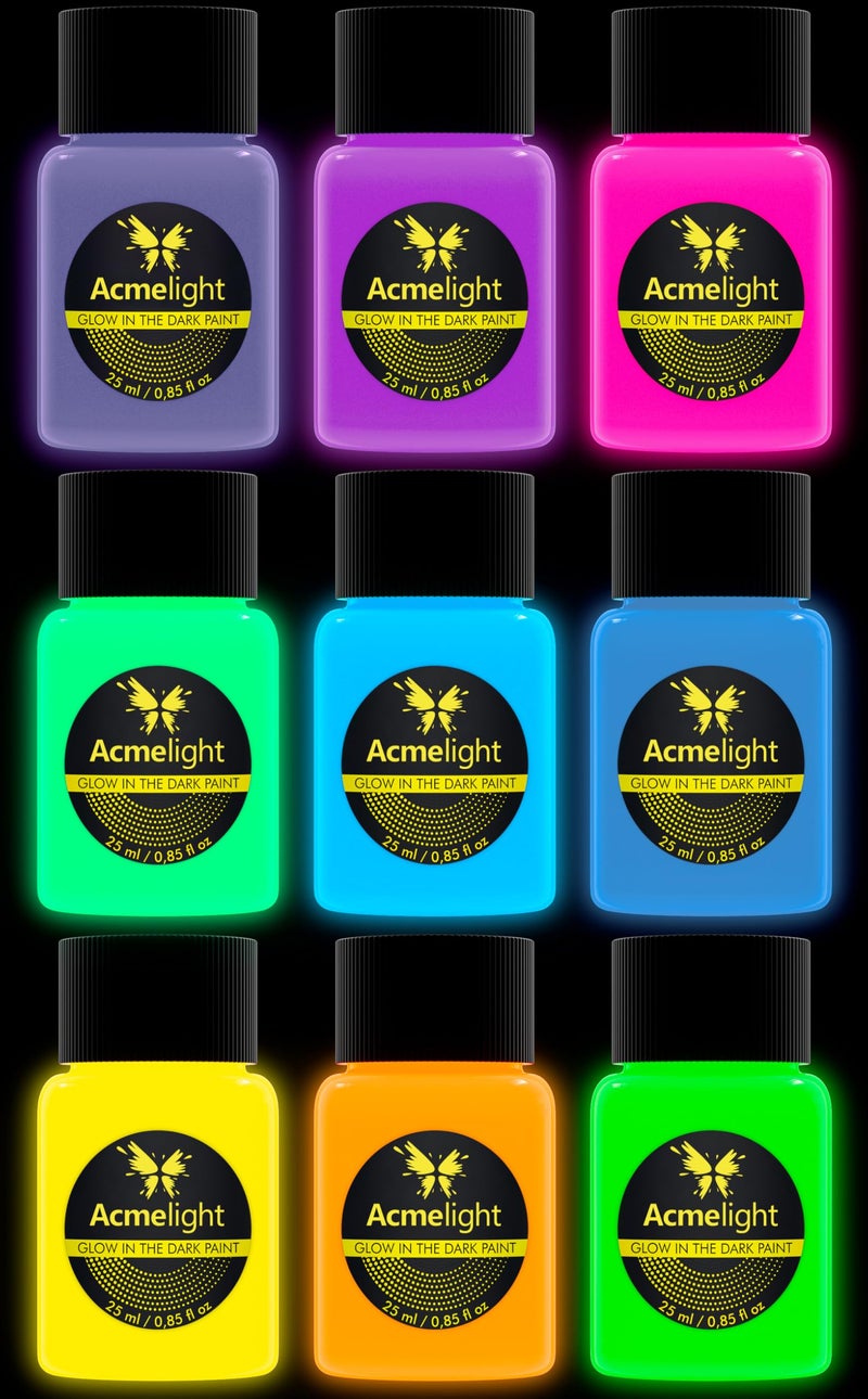 Acmelight Glow in the Dark Acrylic Paint Set - 9 Neon Fluorescent Colors for Canvas, Wood & Stone - Blacklight Reactive - Cool Art Supplies Gift for Artists, Adults & Kids - Image 5