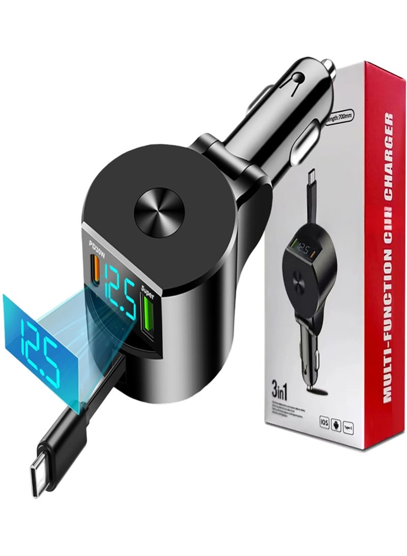 Car Charger 90W Super Fast Charging USB, Type C, USB A&QC 3.0 PD Voltmeter With Cable 70CM, Compatible with iPhone 16/15/Plus/Pro/Pro Max Samsung Galaxy S25/S24/S23 Ultra and More - Black  - Image 1