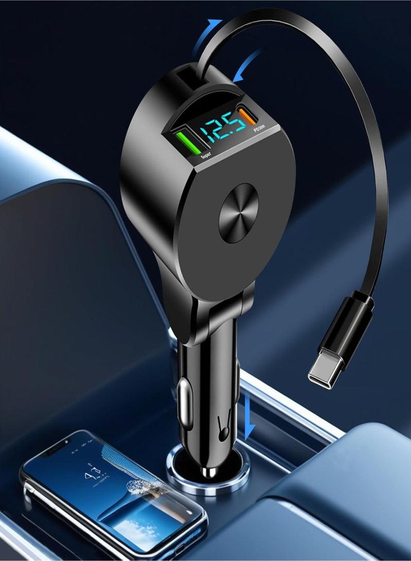 Car Charger 90W Super Fast Charging USB, Type C, USB A&QC 3.0 PD Voltmeter With Cable 70CM, Compatible with iPhone 16/15/Plus/Pro/Pro Max Samsung Galaxy S25/S24/S23 Ultra and More - Black  - Image 2