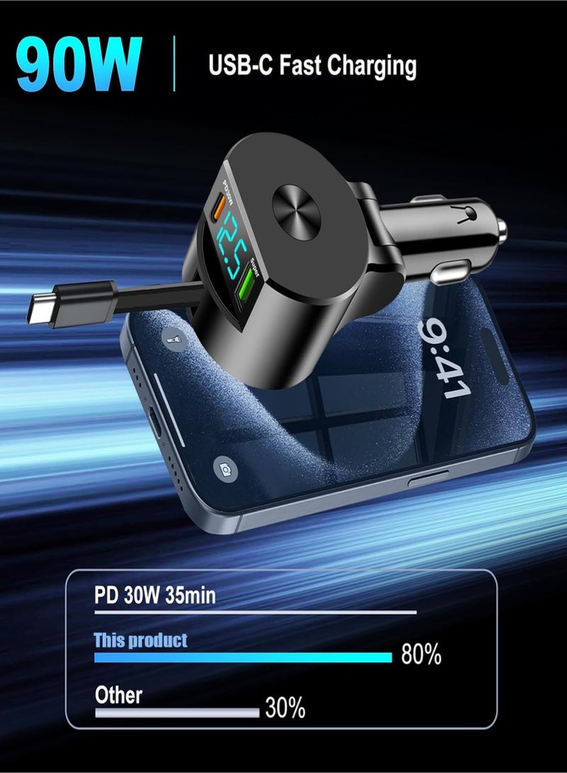 Car Charger 90W Super Fast Charging USB, Type C, USB A&QC 3.0 PD Voltmeter With Cable 70CM, Compatible with iPhone 16/15/Plus/Pro/Pro Max Samsung Galaxy S25/S24/S23 Ultra and More - Black  - Image 3