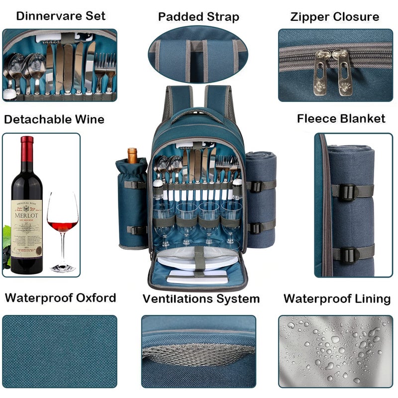 Hap Tim Picnic Basket Backpack for 4 Person with Blanket, Wine Holder, Cooler Compartment, Cutlery Set, Couples Gifts, Mr & Mrs Gifts, Bridal Shower Gifts, Registry Wedding Registry, Blue (3065-BL) - Image 5