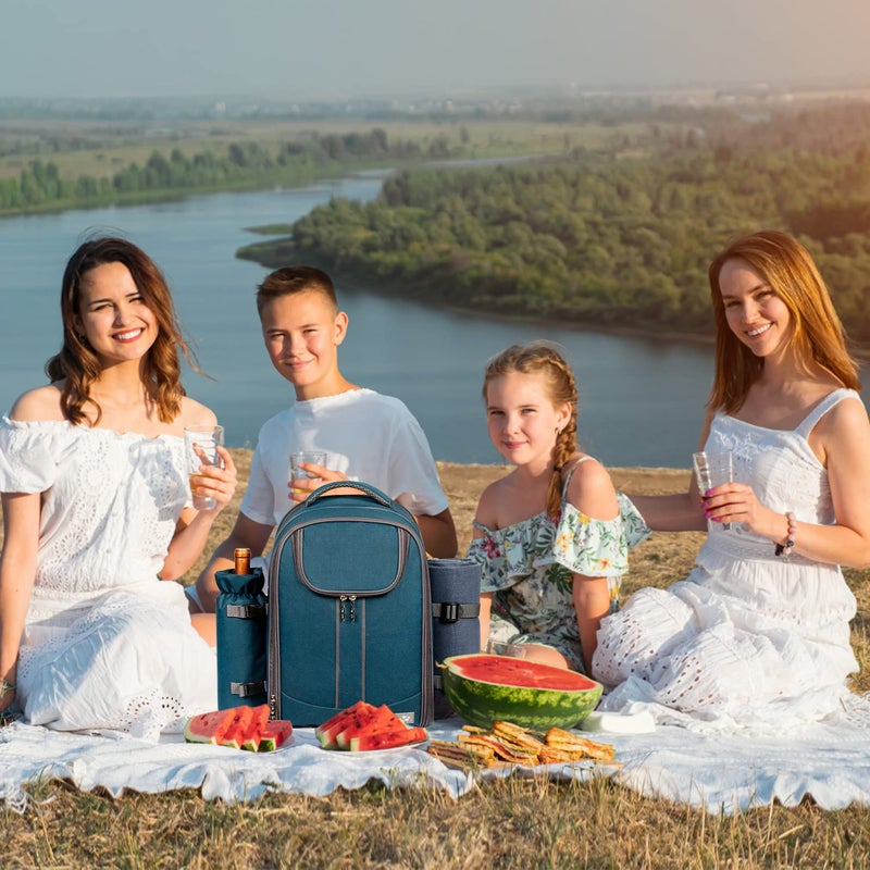 Hap Tim Picnic Basket Backpack for 4 Person with Blanket, Wine Holder, Cooler Compartment, Cutlery Set, Couples Gifts, Mr & Mrs Gifts, Bridal Shower Gifts, Registry Wedding Registry, Blue (3065-BL) - Image 3