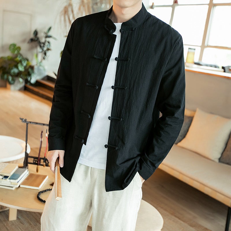 Chinese Style Mens Clothing Ethnic Costume Chinese Style Button Tang Suit Cotton Linen Long Sleeve Shirt Loose Top Retro Zen Clothing Black