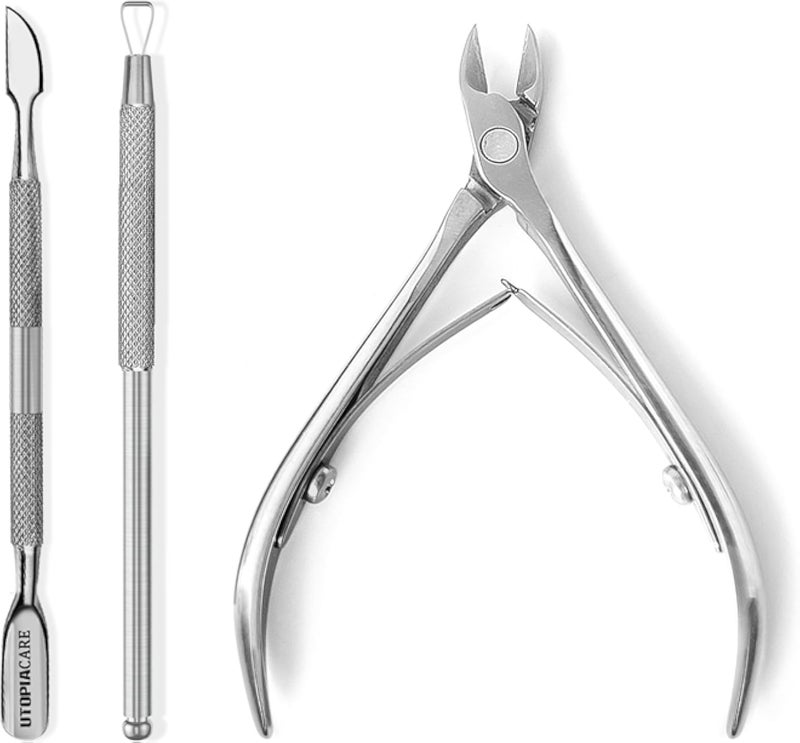 مقصّ ومُدفع الجلد الميت حول الأظافر - أداة لإزالة الجلد الميت حول الأظافر مصنوعة من الفولاذ المقاوم للصدأ المستخدم في العمليات الجراحية - أداة متينة للعناية بالأظافر واليدين والقدمين - من يوتوبيا كير