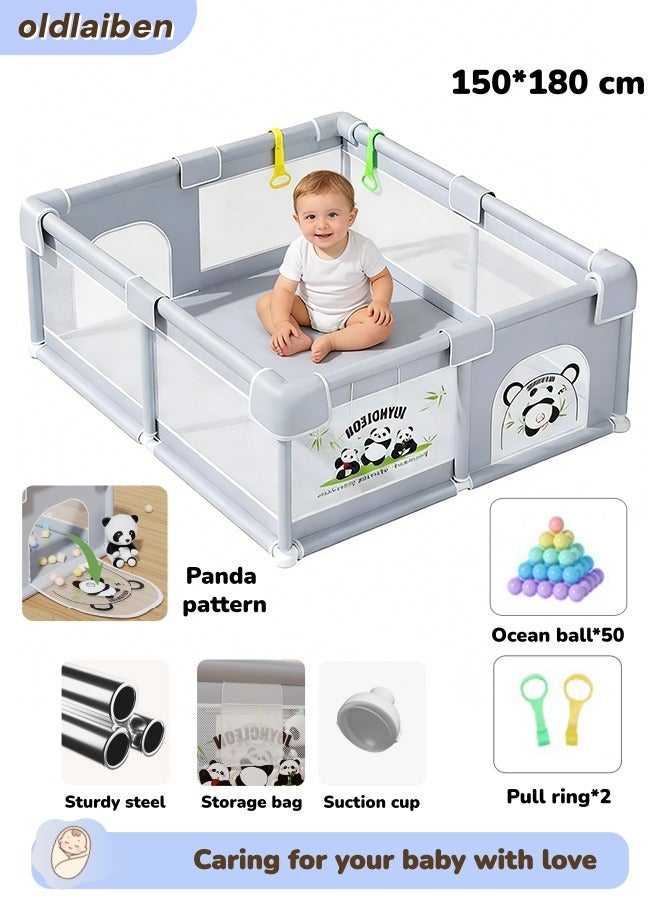 الدليبن حظيرة لعب للأطفال، سياج قابل للطي للأطفال، سياج أمان داخلي للزحف للأطفال، ساحة لعب للأطفال الرضع والصغار، مركز أنشطة للأطفال الرضع في الداخل والخارج مع 50 كرة بحرية، حلقتان للسحب باليد، قاعدة مانعة للانزلاق، شبكة ناعمة تسمح بالتهوية، 150 × 180 سم (رمادي) - Image 1