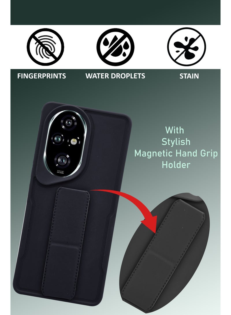 NAFCO For Honor 200 Pro - Hard Silicone Magnetic Back Stand Case  With Foldable Kickstand & Finger Strap - Black - Image 4
