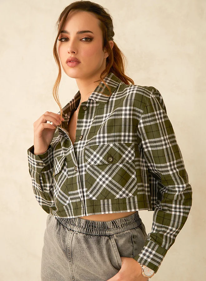 فيرجيو فيرجيو شيرت كاروهات قطن أخضر قصير