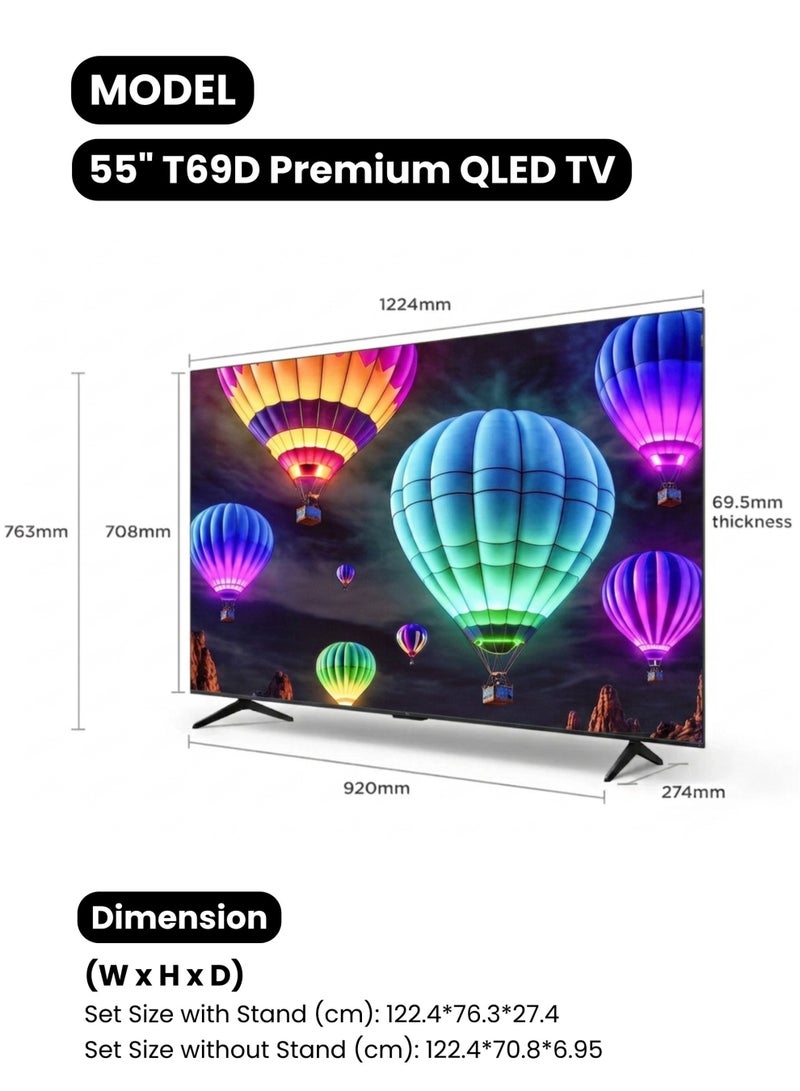 تي سي إل تلفزيون TCL 55 بوصة T69D بريميوم QLED 4K سمارت (نسخة 2026 الإمارات) TCL 55" 55T69D Google TV، معالج AiPQ، لوحة HVA، Dolby Vision · Atmos، نظام ONKYO 2.0 هاي-فاي، DTS Virtual X، Game Master - Image 2