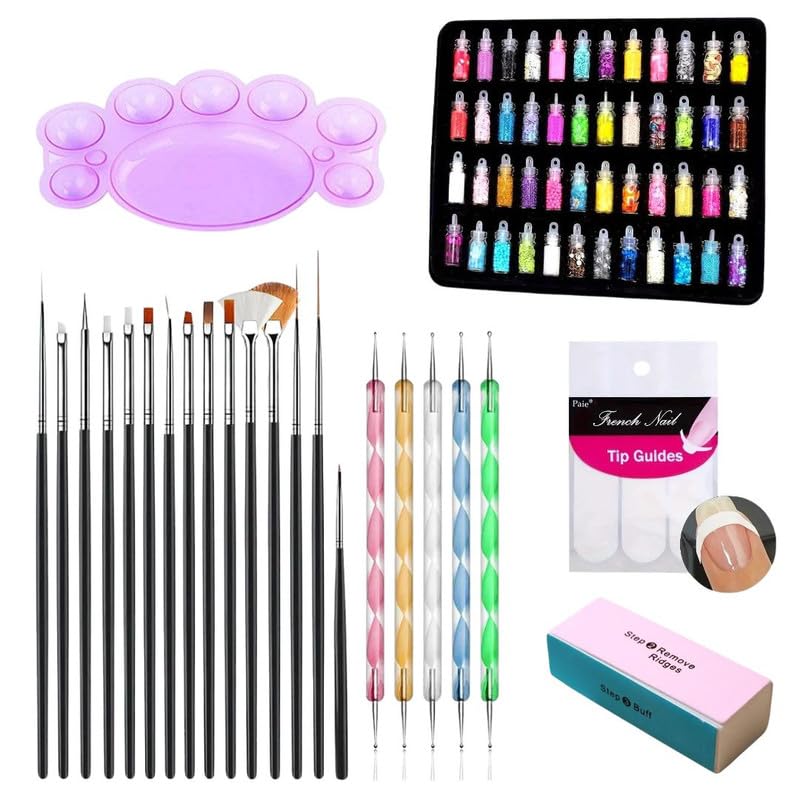 Royalkart 73 Pcs Combo kit of Nail Art Tools - 15 pcs Nail Art Brushes for Design/ Nail Art 48 pcs Glitter Dust Rihnestones ,5 pcs Nail Art Dotting Tool, 4 Sided Nail art Buffer, Nail Art Pallate, Nail Art Tip Guide - Image 1