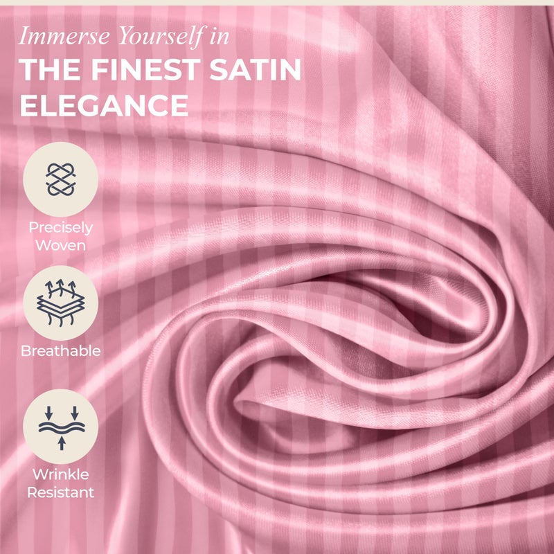 DECOLURE Striped Satin Sheets Set King 4pc - Comfy Luxury Silk Feel Satin Sheets King - Elegant Silky Soft King Size Satin Bed Sheets Hypoallergenic Wrinkle-Free Satin Sheets with Deep Pocket (Pink) - Image 4