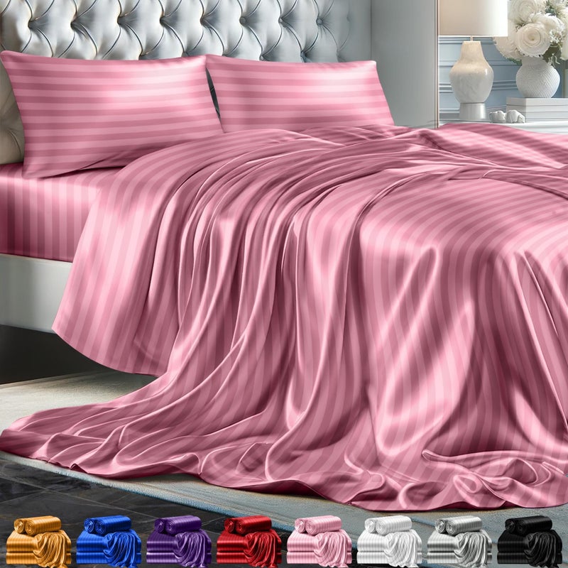 DECOLURE Striped Satin Sheets Set King 4pc - Comfy Luxury Silk Feel Satin Sheets King - Elegant Silky Soft King Size Satin Bed Sheets Hypoallergenic Wrinkle-Free Satin Sheets with Deep Pocket (Pink) - Image 1