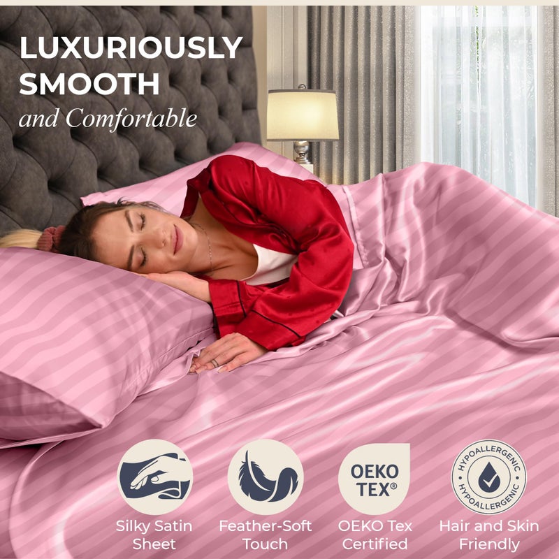 DECOLURE Striped Satin Sheets Set King 4pc - Comfy Luxury Silk Feel Satin Sheets King - Elegant Silky Soft King Size Satin Bed Sheets Hypoallergenic Wrinkle-Free Satin Sheets with Deep Pocket (Pink) - Image 2