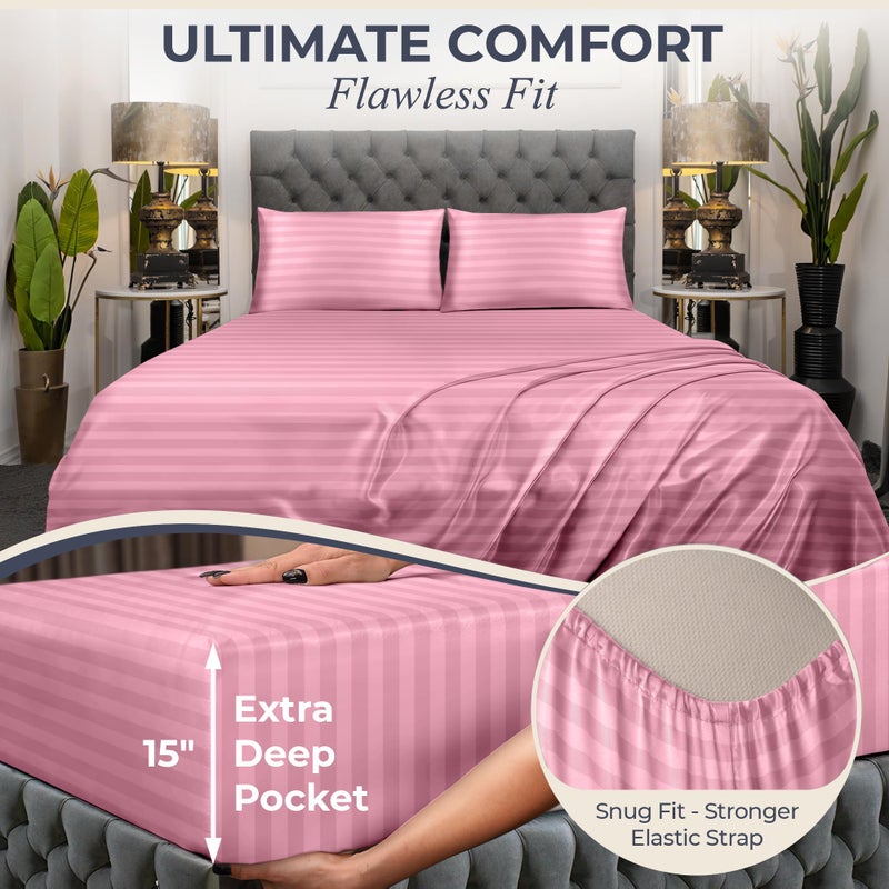 DECOLURE Striped Satin Sheets Set King 4pc - Comfy Luxury Silk Feel Satin Sheets King - Elegant Silky Soft King Size Satin Bed Sheets Hypoallergenic Wrinkle-Free Satin Sheets with Deep Pocket (Pink) - Image 3