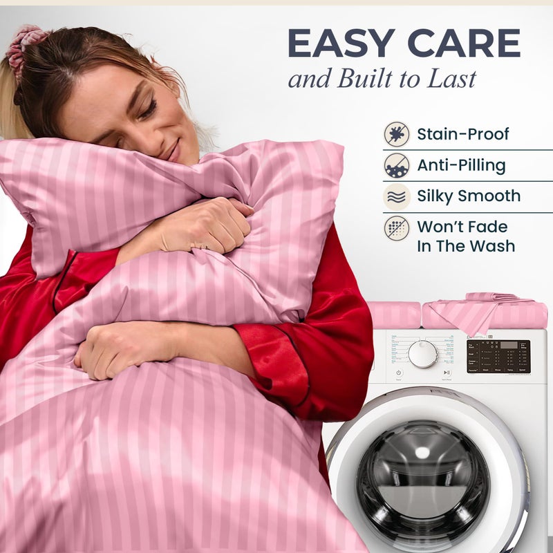 DECOLURE Striped Satin Sheets Set King 4pc - Comfy Luxury Silk Feel Satin Sheets King - Elegant Silky Soft King Size Satin Bed Sheets Hypoallergenic Wrinkle-Free Satin Sheets with Deep Pocket (Pink) - Image 5
