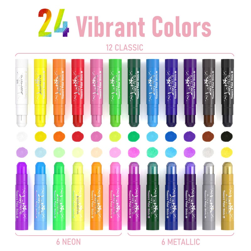 JUPITEARTH 24 Colors Tempera Paint Sticks with 120 PDF Coloring Pages and 30 Stickers, Quick Drying, Smooth, Non-Toxic and Washable Paint Sticks for Kids Drawing on Pumpkin, Wood, Rock, Glass - Image 2