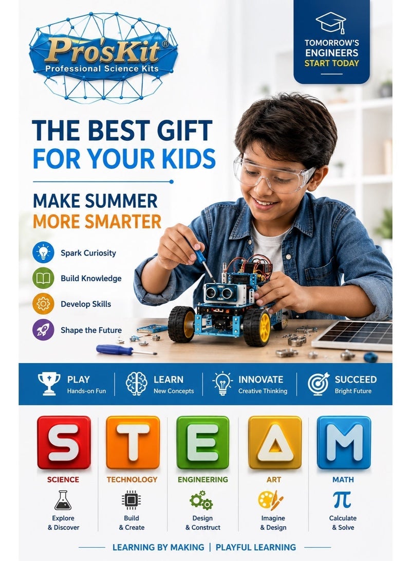 Pro'skit Pro’sKit GE-615 14-in-1 Educational Solar Robot Kit – DIY STEM Solar-Powered Building Set for Kids (203 PCS, Battery-Free) Headlight LED Gift - Image 2