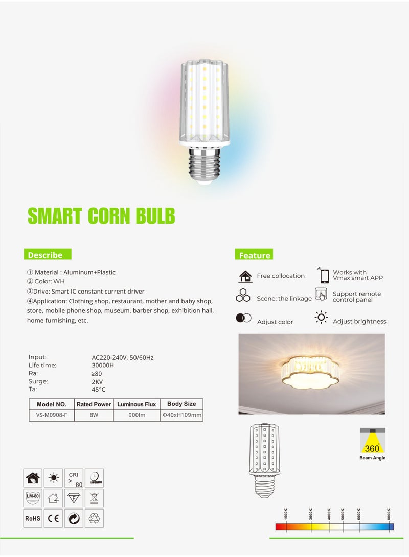 Vmax 2 Pieces 8W Smart LED Corn Bulb E27 – 900LM High Brightness, WiFi App & Remote Control, Dimmable CCT (2700K-6500K), 360° Beam Angle, Smart IC Constant Current Retrofit Lamp - Image 2