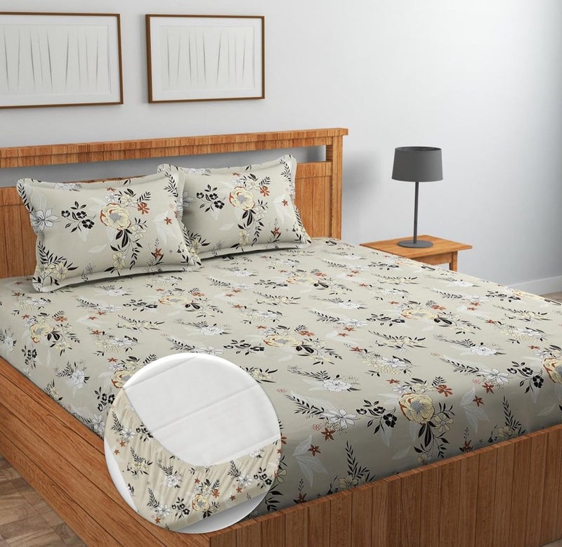 NEW LEAF Premium Cotton Elastic Fitted Bedsheets with 2 Pillow Covers Double Bed All Around Elastic Supersoft Breathable Wrinklfree Size - 76 x 72 +6 inches Off White 200 tc - 220 tc - Image 1
