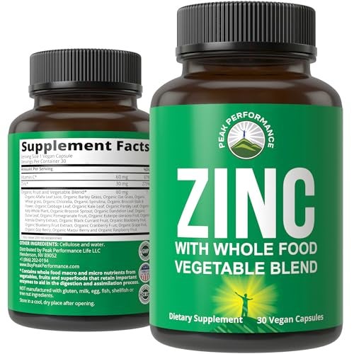 Peak Performance Vegan Zinc Supplement with Vitamin C Whole Food Blend of 25 Vegetables and Fruits for Max Absorption Zinc Supplements 30mg Capsules Pills Tablets Vitamins for Adults Both Men and Women