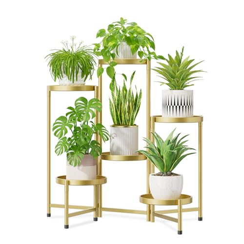 iDavosic.ly 6 Tier Large Plant Stand Indoor, 10 Inch Wide Tall Corner Metal Plant Stands Outdoor for Multiple Plants, Folding Tiered Flower Display Holder Rack Shelf, Gold - Image 1