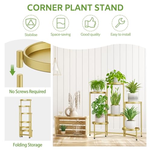 iDavosic.ly 6 Tier Large Plant Stand Indoor, 10 Inch Wide Tall Corner Metal Plant Stands Outdoor for Multiple Plants, Folding Tiered Flower Display Holder Rack Shelf, Gold - Image 5