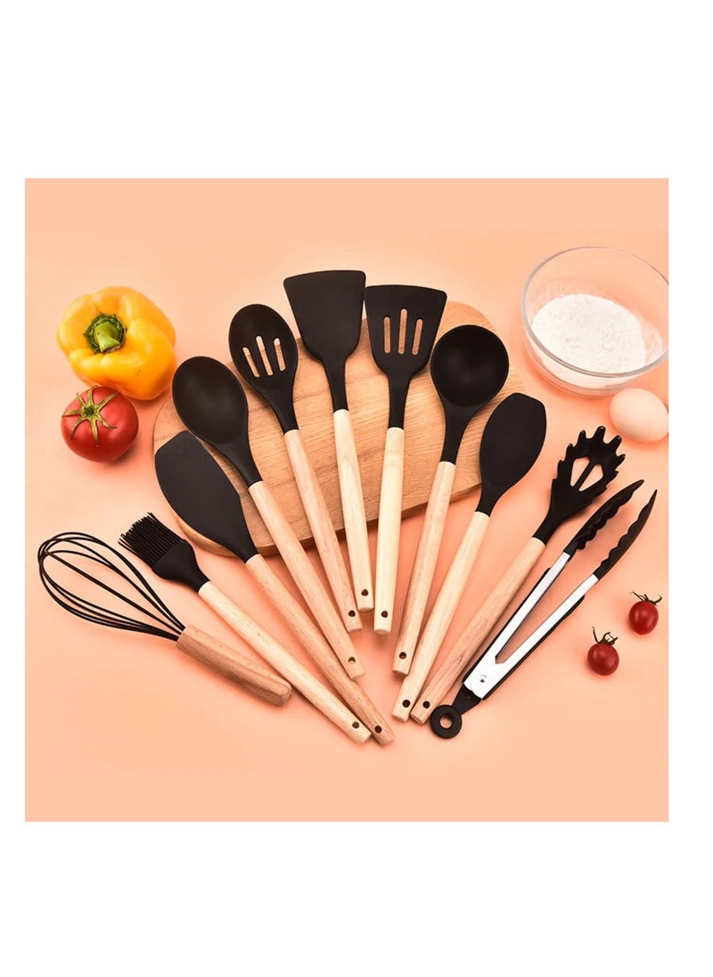 DIGI CORE 12 PCS Silicone Cooking Utensils Set Resistant Non-Stick Silicone Kitchen Utensil Set With Wooden Handles BPA FREE Gadgets For Cookware Bake Kitchen Accessories  - Image 2