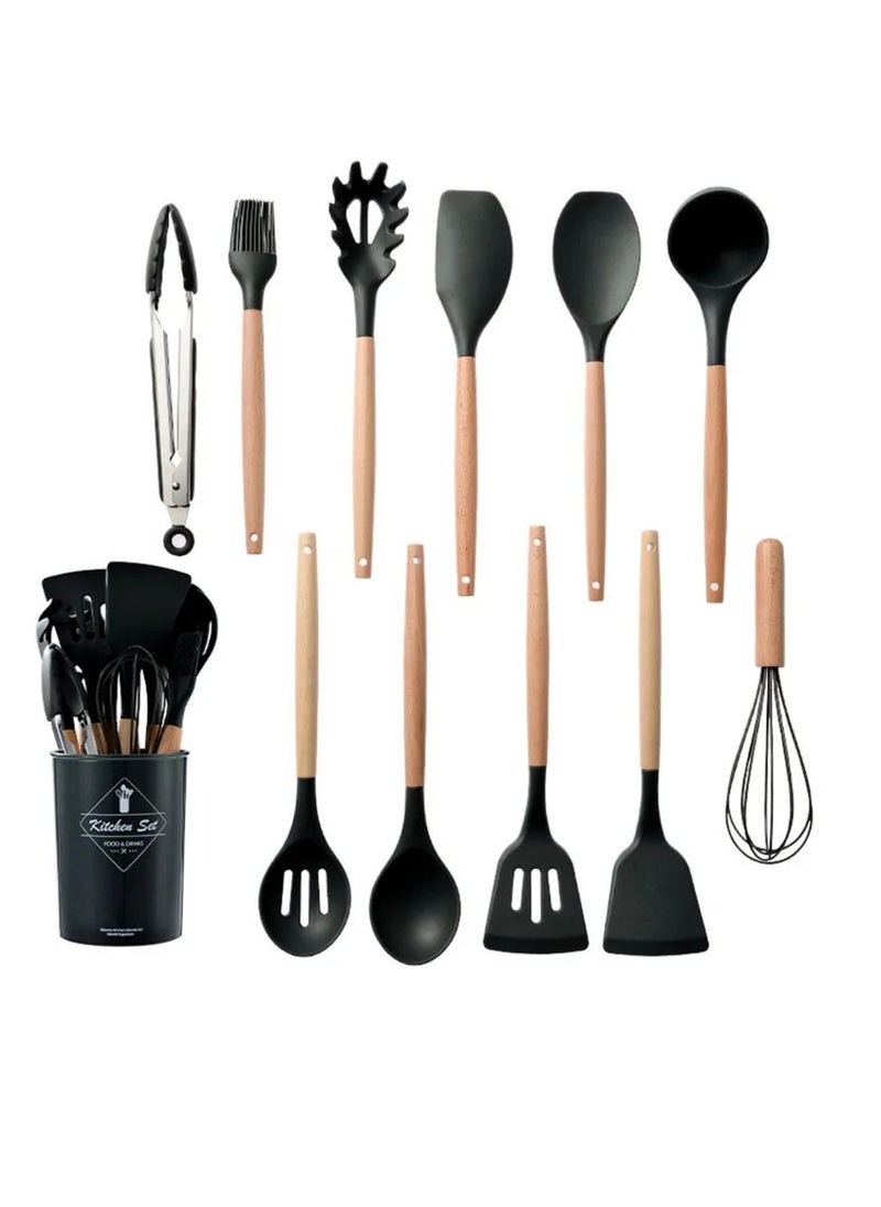DIGI CORE 12 PCS Silicone Cooking Utensils Set Resistant Non-Stick Silicone Kitchen Utensil Set With Wooden Handles BPA FREE Gadgets For Cookware Bake Kitchen Accessories  - Image 1