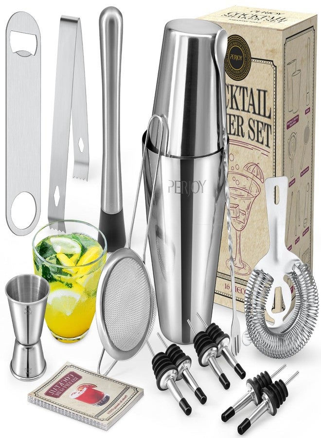 Perjoy Cocktail Shaker Set, 16 Piece Bartender Kit, Cocktail Shaker, Stainless Steel Bar Set Accessories, Coktail Set, Boston Shaker, Drink Mixer Shaker, Bartending Bar Tools with Muddler Spoon Jigger - Image 1