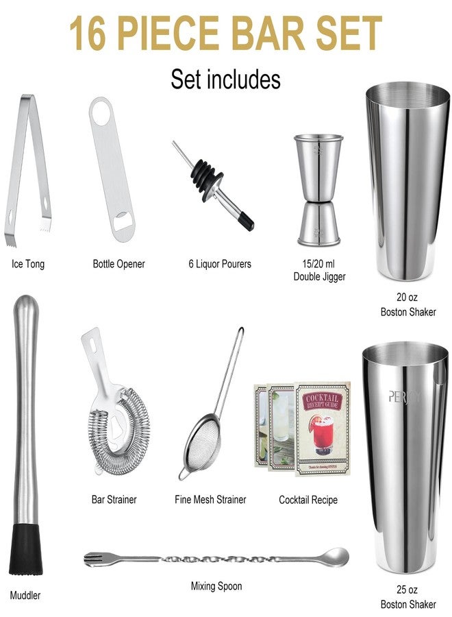 Perjoy Cocktail Shaker Set, 16 Piece Bartender Kit, Cocktail Shaker, Stainless Steel Bar Set Accessories, Coktail Set, Boston Shaker, Drink Mixer Shaker, Bartending Bar Tools with Muddler Spoon Jigger - Image 3