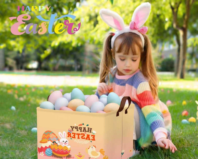 BOOHIT Large Easter Baskets Empty Boy Toy Storage Bin Girls collapsible kid Hamper Baby Waterproof Storage Box Spring Gifts Decor(HAPPY Rabbit Little Yellow Chicken) - Image 5