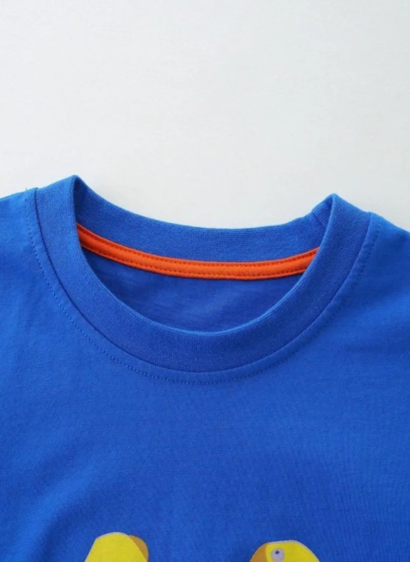 يونيكي Blue Printed Solid Round Neck Cotton T-shirt